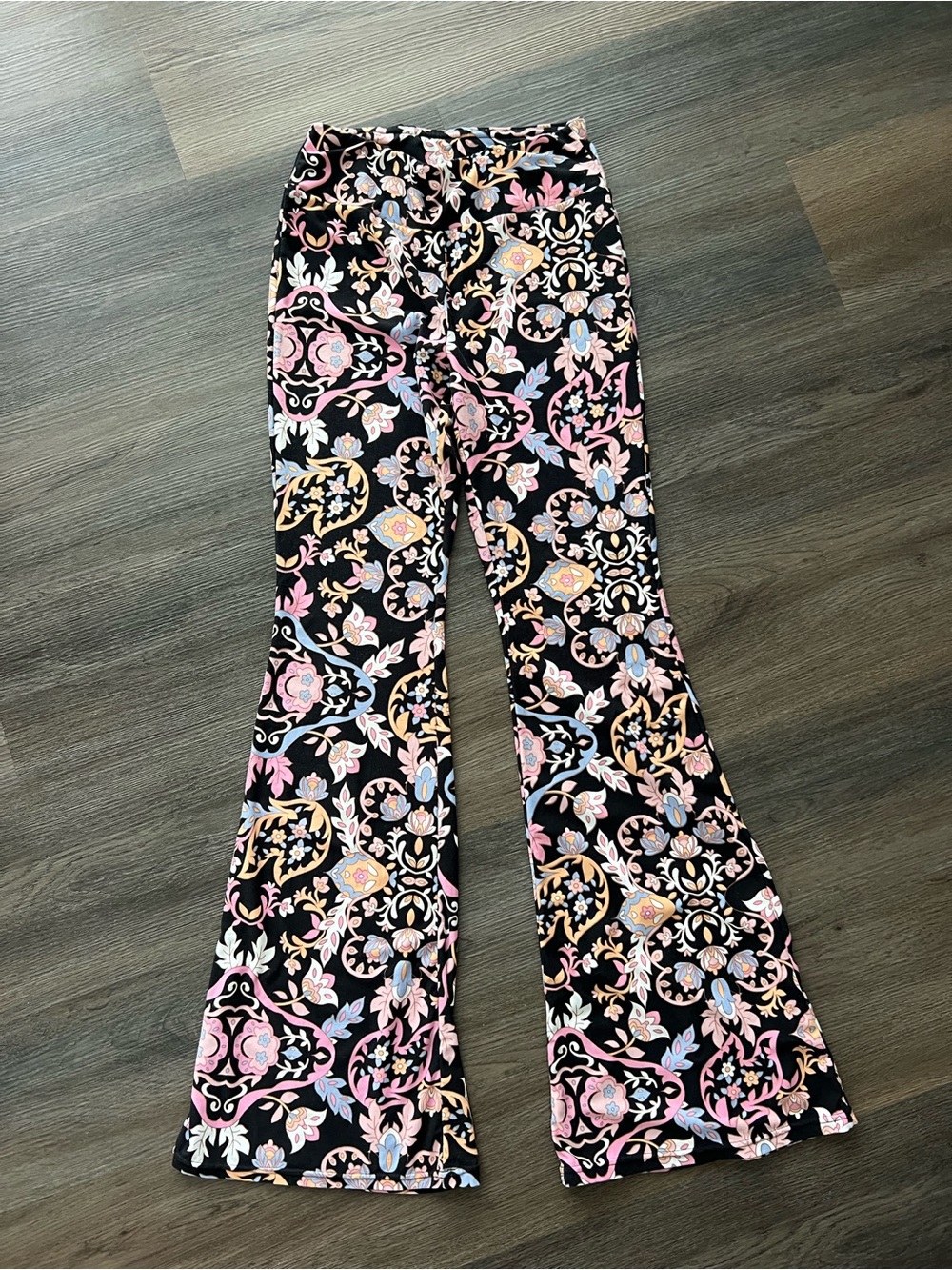 No Boundaries Black Floral Paisley Flared Joggers with Pink & Blue Accents